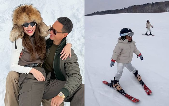 Hồ Ngọc Hà khoe 2 con song sinh trượt tuyết siêu giỏi khi đi chơi Tết