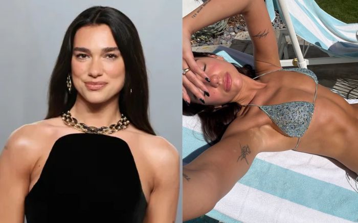 Dua Lipa khởi động mùa áo tắm với bộ bikini dây mảnh đính sequin