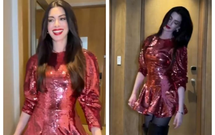 Anne Hathaway tỏa sáng trong bộ váy ngắn đính sequin
