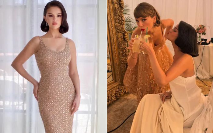 Taylor Swift và Selena Gomez cùng lăng xê váy vàng ánh kim khi dự tiệc cưới