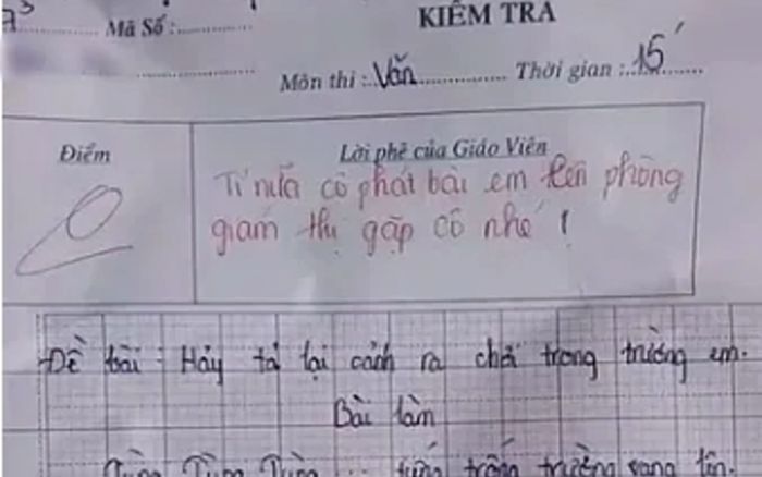 Bài văn 'tả cảnh ra chơi' bị chấm 0 điểm, lời phê của giáo viên gây chú ý