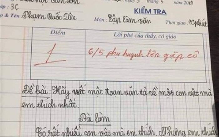 Học trò lớp 3 viết bài văn bị giáo viên yêu cầu mời phụ huynh, nội dung lại khiến CĐM thích thú