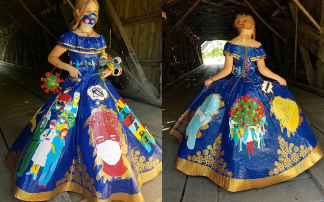 Cô gái tuổi teen trở nên nổi tiếng nhờ làm váy COVID-19 từ băng keo