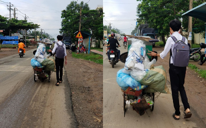 Hình ảnh nam sinh phụ đẩy xe phế liệu cho ông lão trên đường khiến nhiều người rưng rưng