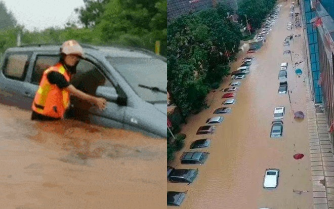 Hàng dài ô tô chìm nghỉm trong mưa lũ ở Trung Quốc