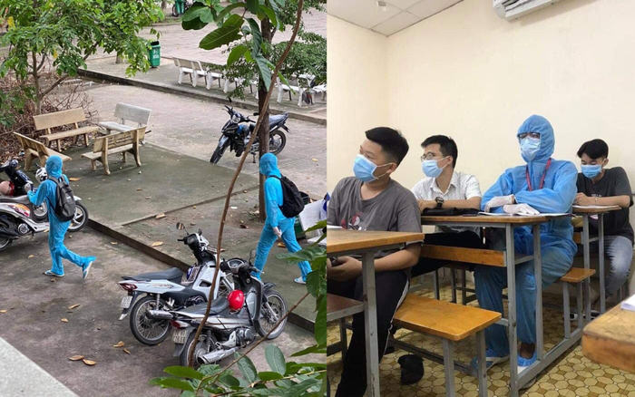 2 nam sinh ĐH Giao thông vận tải xuất hiện với trang phục đặc biệt, thoạt nhìn cứ ngỡ nhân viên y tế đến khử trùng khuôn viên trường