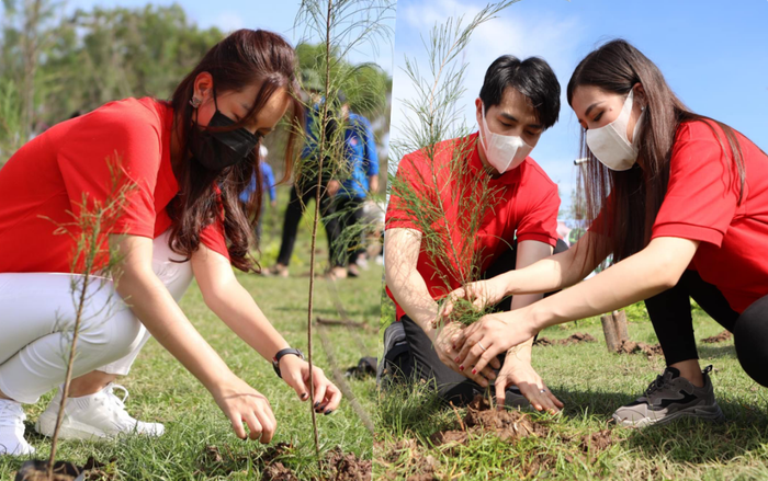 Mặc thời tiết nắng gắt, Đông Nhi - Ông Cao Thắng cùng Phạm Quỳnh Anh hào hứng trồng cây gây rừng