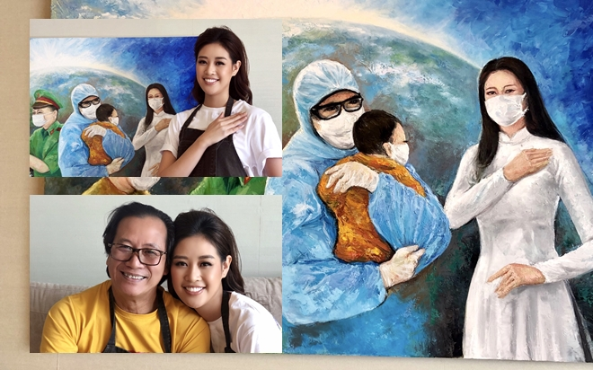 Xúc động trước bức ảnh ý nghĩa hoa hậu Khánh Vân cùng bố vẽ tặng y - bác sĩ Việt Nam