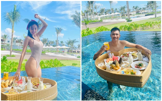 Công Vinh bị vợ bắt xuống hồ bơi ăn sáng, Thủy Tiên khoe dáng nóng bỏng