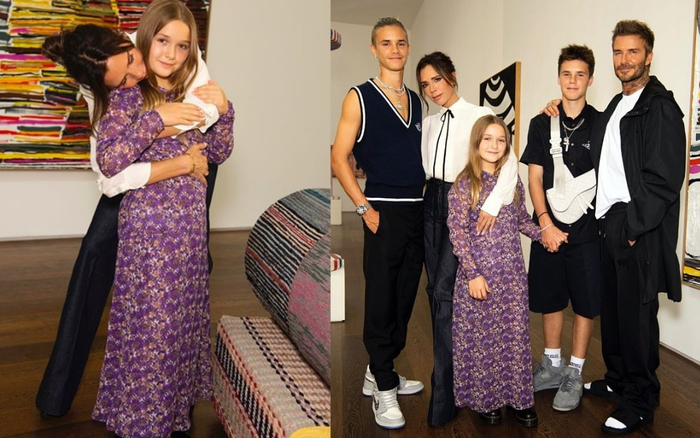 Harper Beckham bị fan chê già như bà thím khi diện váy tím mẹ Victoria thiết kế