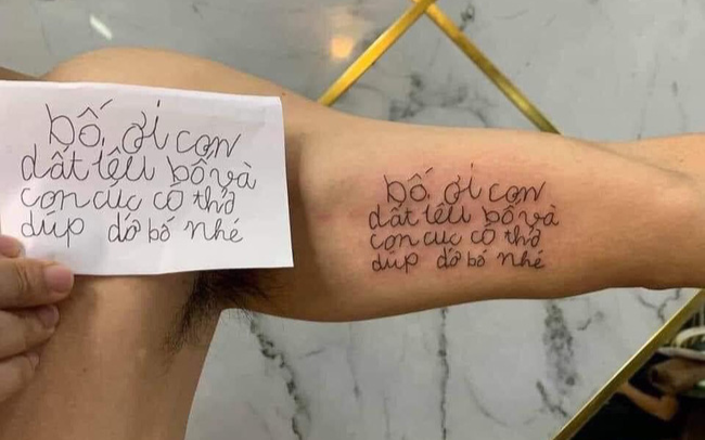 Quá cảm động với mảnh giấy có dòng chữ nguệch ngoạc của con, ông bố trẻ quyết định xăm nội dung lên cánh tay