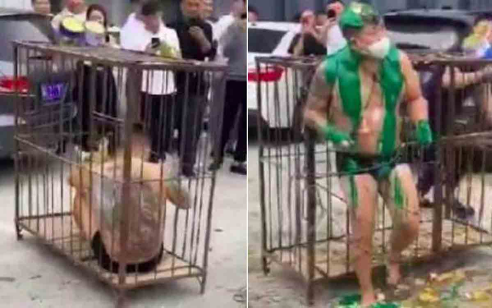 Chú rể bị nhốt trong lồng sắt, ném trứng, tạt sơn trong đám cưới ở Trung Quốc