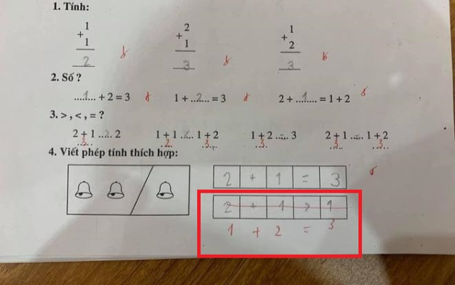 Bài toán tiểu học với đáp án '2 + 1 > 1' bị giáo viên đánh giá sai và gạch bỏ gây tranh cãi