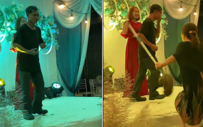 Clip: Đang nhảy nhót trên sân khấu đám cưới, người đàn ông bị vợ cầm chổi đánh khiến hội hôn ngỡ ngàng