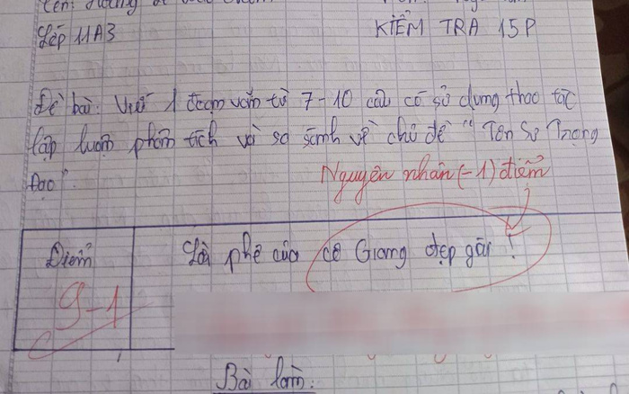 'Lươn lẹo' nịnh nọt cô giáo ngay trên bài kiểm tra, nam sinh bị trừ 1 điểm kèm lời phê hài hước