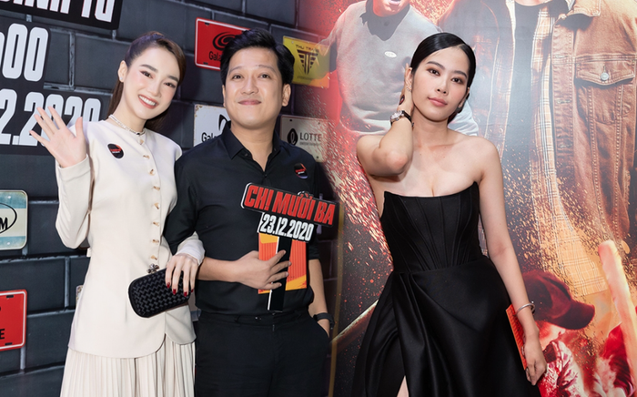 Trường Giang - Nhã Phương quấn quýt bên nhau, vô tình chạm mặt Nam Em trên thảm đỏ ra mắt 'Chị Mười Ba'