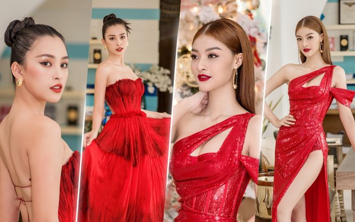 Kiều Loan diện váy đỏ cắt xẻ táo bạo, Tiểu Vy sắc sảo chuẩn 'Hoàn vũ': Đẹp bất phân thắng bại