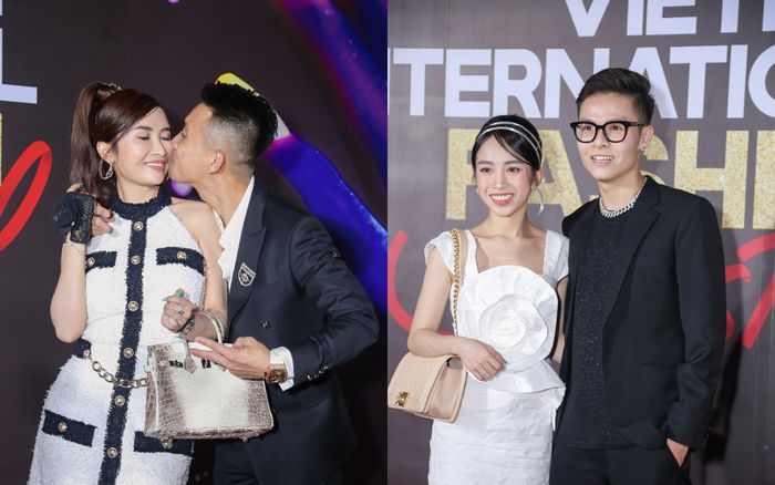 Vợ chồng Minh Nhựa hôn nhau trên thảm đỏ, cả gia đình mặc sang chảnh, 'chặt chém' đi xem thời trang