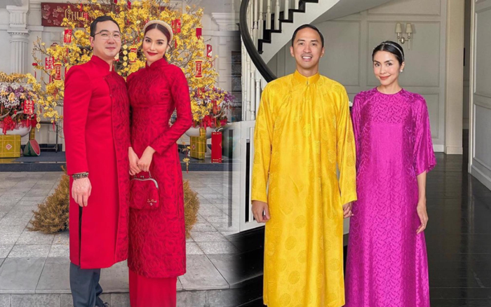 Vợ chồng Hà Tăng -Lan Khuê diện áo dài sắc màu rực rỡ trong ngày đầu năm