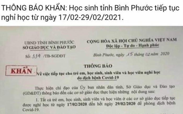 Thông tin học sinh tỉnh Bình Phước nghỉ học đến hết 29/2 là không chính xác