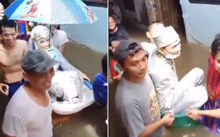 Đám cưới trúng mùa lũ, cô dâu được rước về dinh bằng… chậu tắm trẻ em