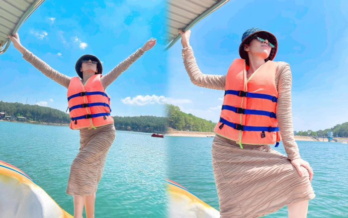 Lệ Quyên mặc váy ôm body sát rạt đi chèo thuyền khiến fan khó hiểu