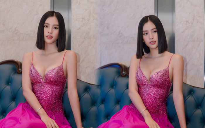 Hoa hậu Tiểu Vy khoe vòng 1 căng tràn trong bộ váy hồng cánh sen xẻ sâu