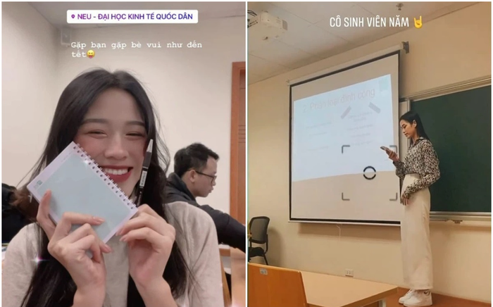 Hoa hậu Đỗ Thị Hà khoe hình ảnh say sưa thuyết trình trên lớp qua khoảnh khắc quay lén của bạn học