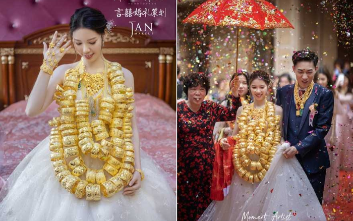 Cô dâu đeo vàng nặng trĩu đến 'gãy cổ' trong đám cưới, dân mạng xôn xao bàn tán và sự thật 'ngã ngửa'