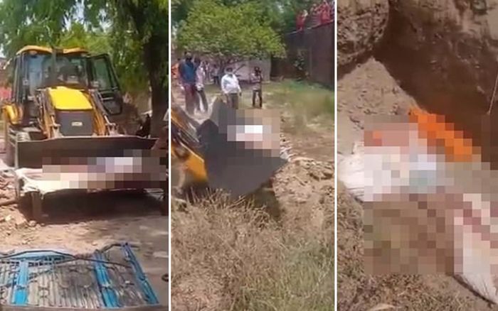 Dân Ấn Độ dùng máy xúc để chôn nạn nhân Covid-19, lăn thi thể xuống hố