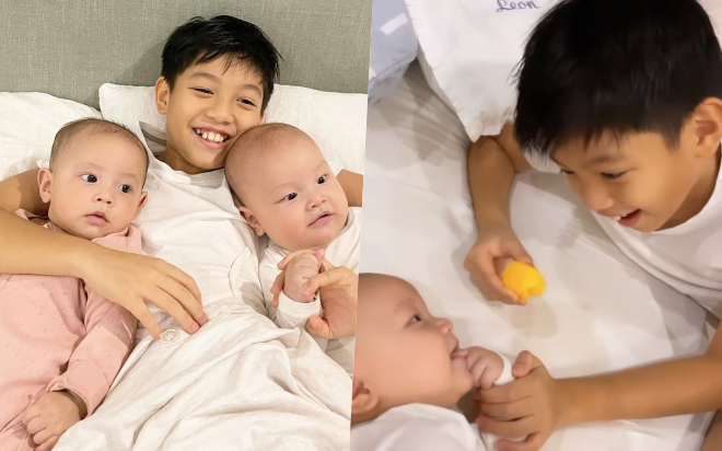 Anh cả Subeo chơi đùa với em Út Leon: Ánh mắt rực lên niềm vui khiến fan ấm lòng