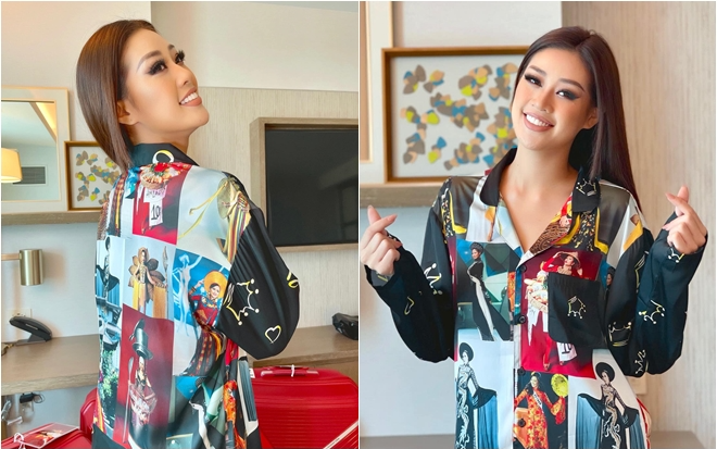 Khánh Vân chơi lớn với trang phục in hình 'đại gia đình Hoàn vũ' để tiếp thêm lửa tại Miss Universe
