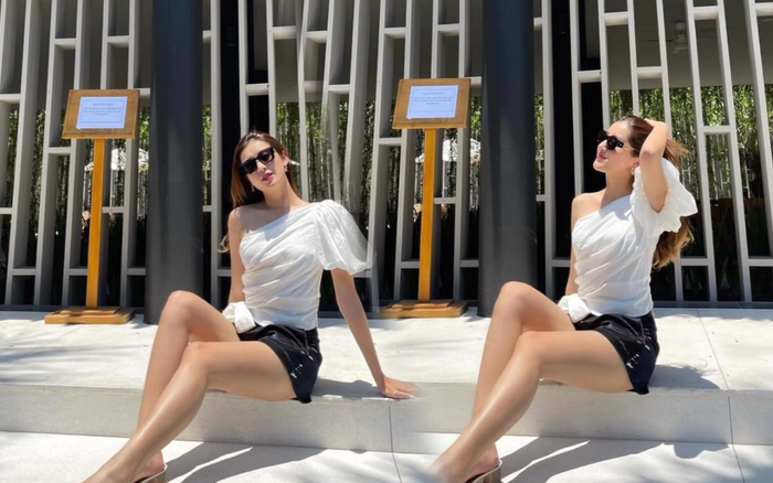 Á hậu Huyền My khoe chân thon dài với váy ngắn trong set đồ đen - trắng trẻ trung