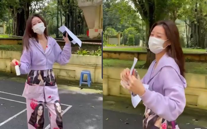 Khánh Vân 'chơi' nguyên cây đồ ngủ in hình bản thân khi đi cách ly, cực 'lầy lội'