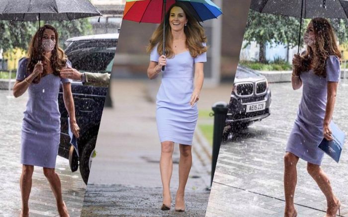 Công nương Kate mặc váy tím lavender cầm ô đi dưới mưa khiến fan nao lòng