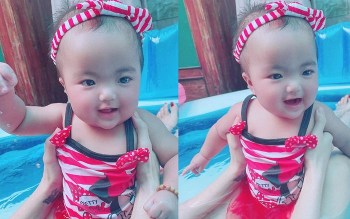 Bà xã Mạc Văn Khoa tập bơi cho con gái, biểu cảm thích thú của bé Minnie 'đốn tim' dân mạng