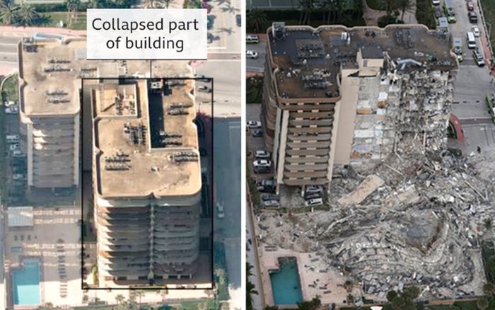 Hình ảnh chung cư 12 tầng trước và sau khi đổ sập khiến ít nhất một người chết và 99 người mất tích