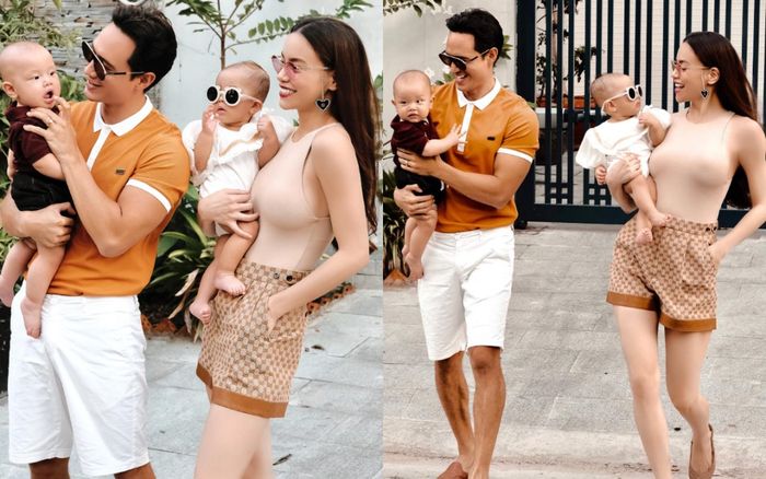 Hồ Ngọc Hà mặc đồ đôi cùng chồng ra trước cổng nhà để tạo dáng