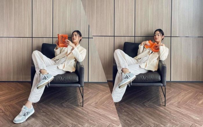 Hoa hậu Lương Thùy Linh mặc trang phục đàn ông nam tính, cuối tuần ở nhà đọc sách