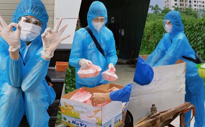 Hoa hậu Đỗ Thị Hà mặc đồ bảo hộ đi phát cơm cho người nghèo