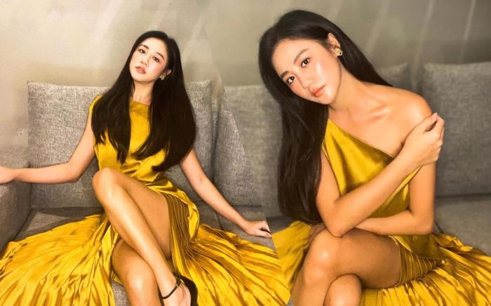 Văn Mai Hương xinh lung linh trong váy vàng lệch vai khoe xương quai xanh