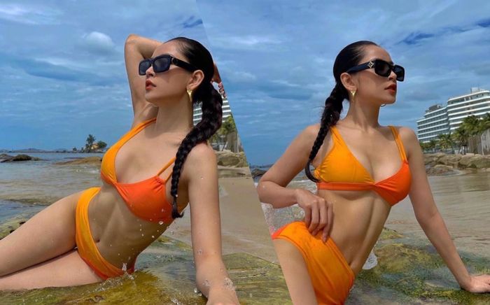 Chi Pu chuộng màu cam cháy khoe body phồn thực với bikini