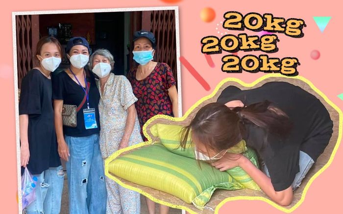 Con gái Phương Thanh theo mẹ làm từ thiện, té sõng soài 'rách quần' khi lần đầu vác 20 kg gạo