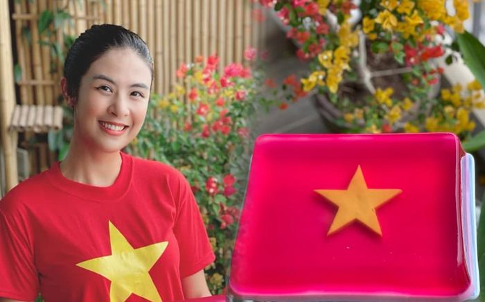 Hoa hậu Ngọc Hân trổ tài làm thạch dừa cờ đỏ sao vàng mừng Quốc khánh 2/9