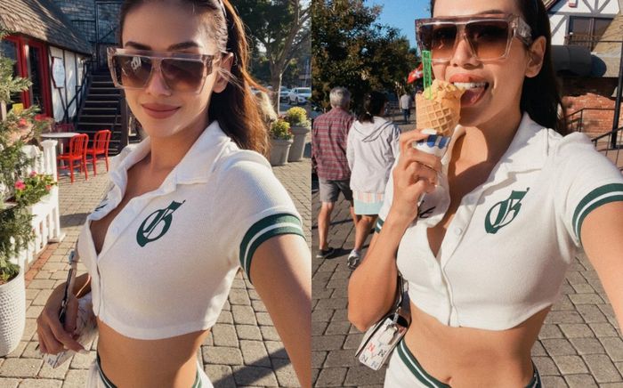 Siêu mẫu Võ Hoàng Yến vừa ăn kem Mỹ vừa khoe eo với set đồ bốc lửa