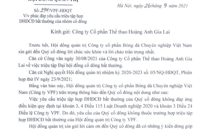 Bác đơn của HAGL, Bình Dương và 4 CLB khác, VPF không tổ chức đại hội bất thường