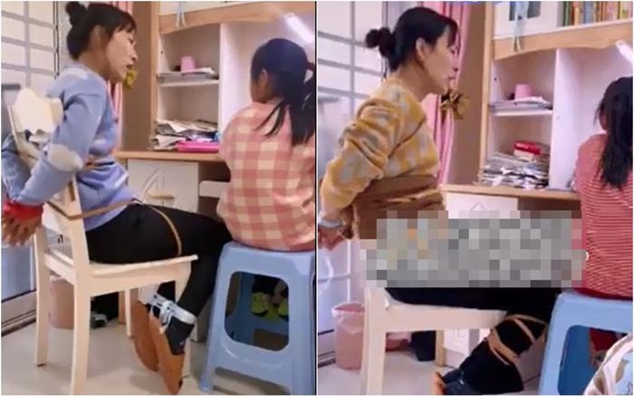Dạy con học bài, bà mẹ phải trói tay buộc chân mình vào ghế để tránh mất bình tĩnh