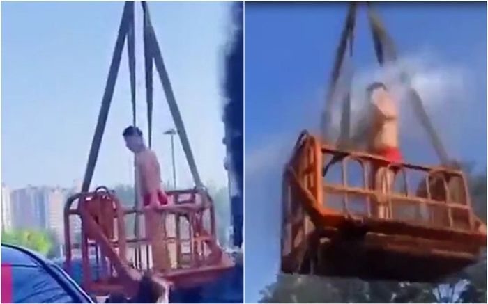 Clip: Chú rể bị 'cởi sạch' đứng trên cần cẩu chịu phun nước vào người