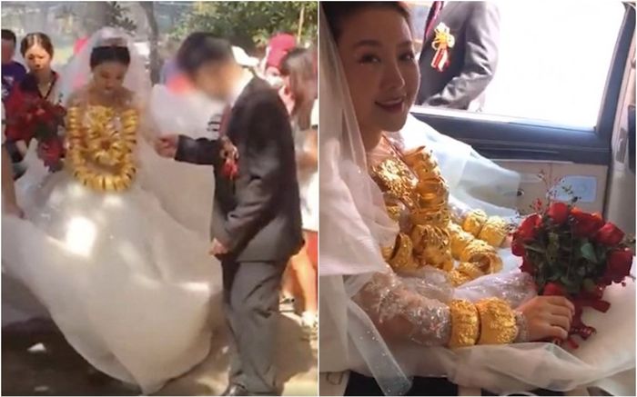 Thấy cô dâu đeo tới 60kg vàng trên người, khách mời lo lắng hỏi: 'Em có bị đau vai không?'