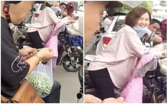 Ngồi chờ đón con, ông bố tranh thủ nhặt rau thoăn thoắt khiến hội chị em xung quanh tròn mắt